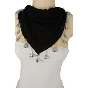Fun Women Black Tie Necklace Soft Scarf Silver Drop Charms Pendant Fashion